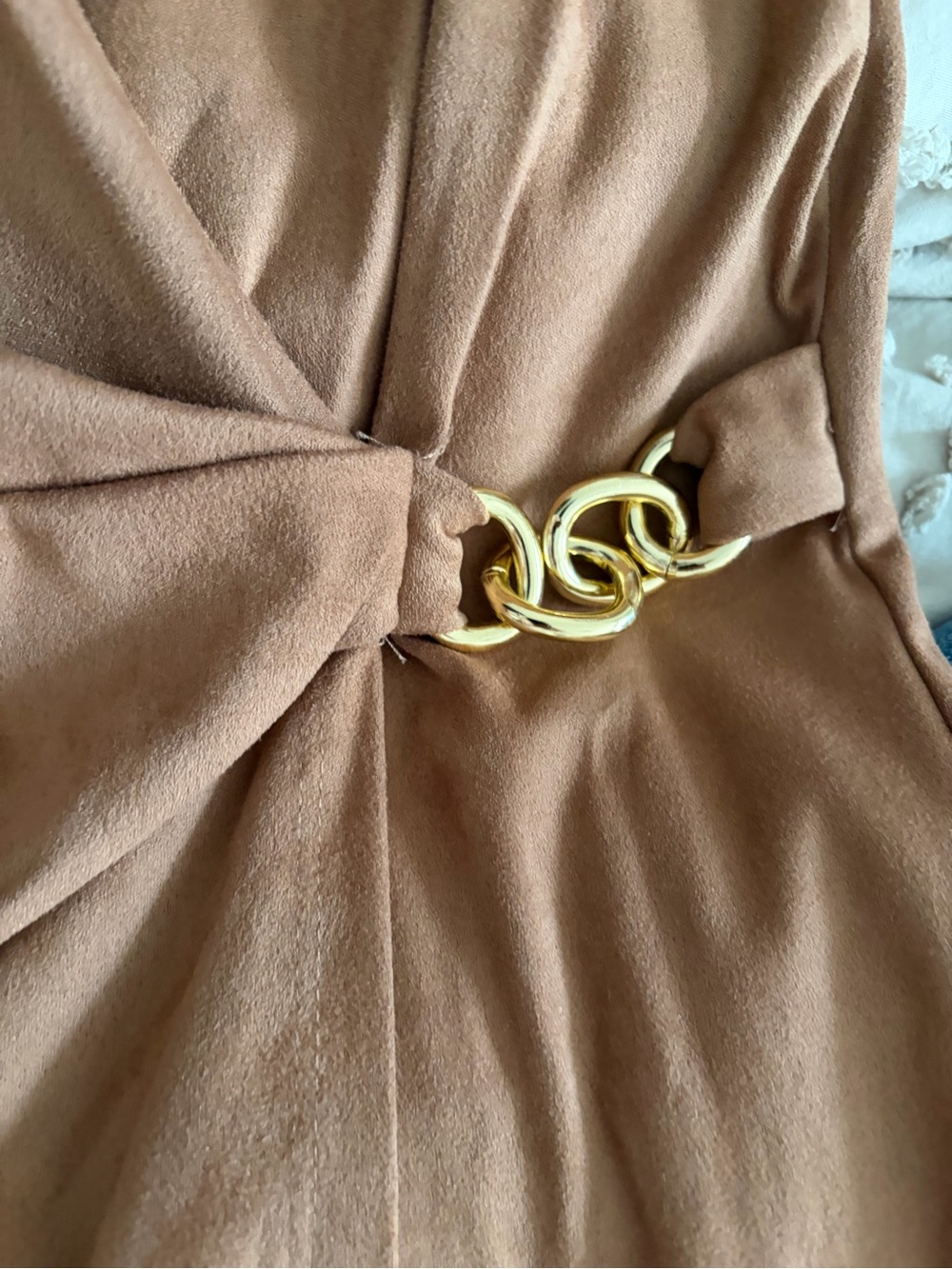 Anne Klein Tan Faux Suede Faux Wrap Midi Dress with Gold Detailing - Picture 2 of 6